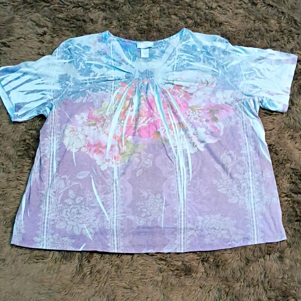 Liz & Me Blue Purple Pink White Floral Knit Pleated V-Neck Top Plus 2X